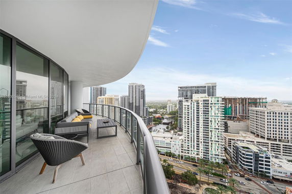 Panoramic view from a high-rise balcony overlooking city buildings.