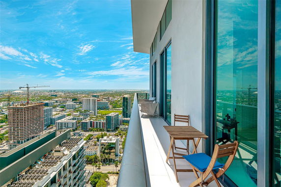 Panoramic view from a high-rise building balcony overlooking a cityscape.