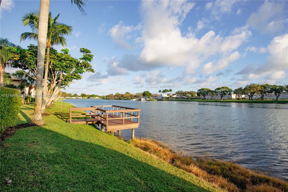 View of a lakeside area with a wooden dock surrounded by grass and trees.