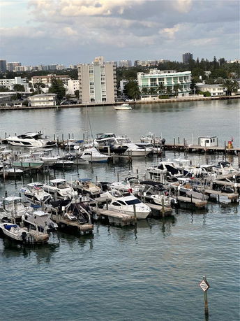 View of a marina with multiple boats and buildings in the background.