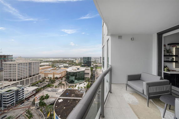 Balcony with a panoramic view of urban buildings and a clear sky.