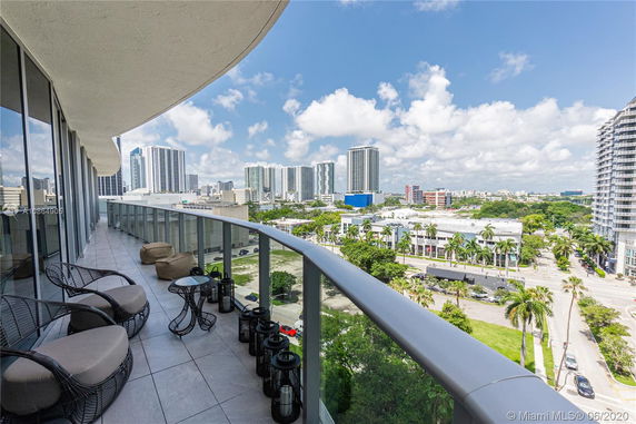 Balcony view overlooking a cityscape with high-rise buildings and roads visible.