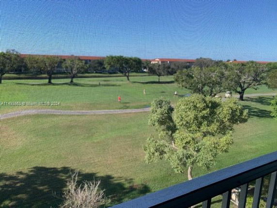 View of a green park area with trees and people walking, seen from a building.