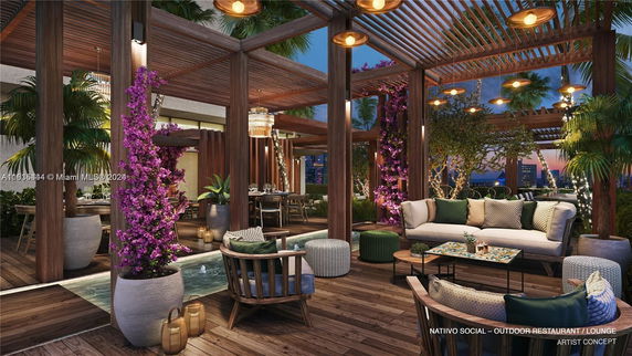 Outdoor lounge with wooden pergolas and stylish seating area, adorned with vibrant plants and decorative lighting.