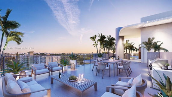 Rooftop terrace with seating area, dining table, and plants.