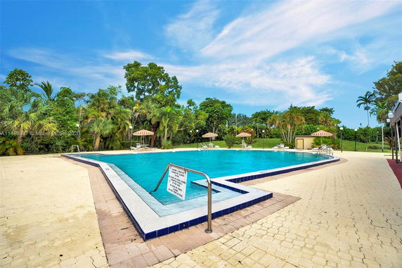 Outdoor swimming pool with surrounding trees and lounge chairs.