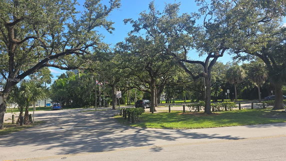 View of a parking area surrounded by large trees and greenery.