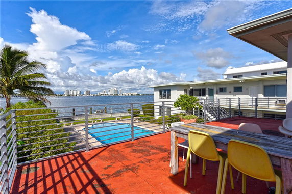 Panoramic view from a rooftop area overlooking a swimming pool and waterfront with buildings in the distance.