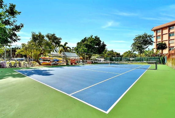 Tennis court in an outdoor setting with surrounding trees and a building