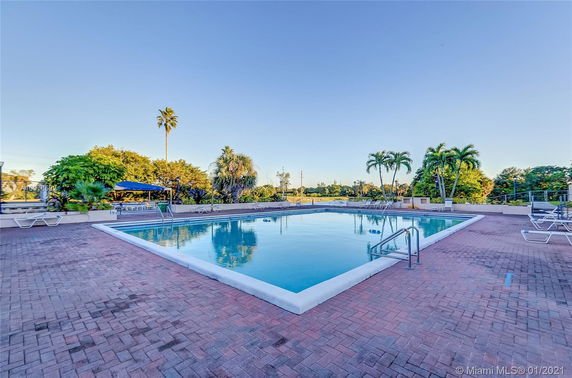 Outdoor swimming pool with surrounding lounge chairs and palm trees.