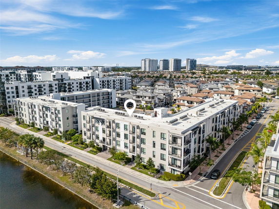 Aerial view of modern apartment buildings in an urban area.