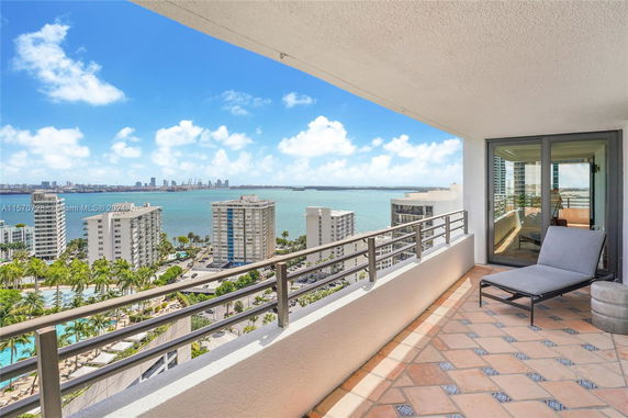 Panoramic view from a balcony overlooking buildings and water with a clear sky.