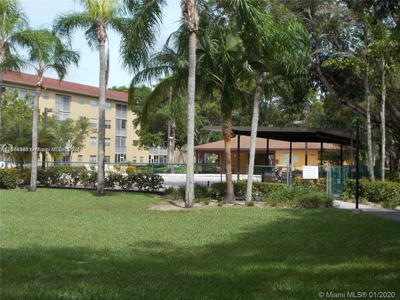 Outdoor view of a swimming pool area near a residential building with palm trees.