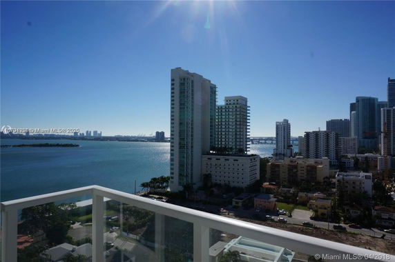 Panoramic view of a city skyline with high-rise buildings and a body of water.