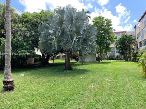 View of the surrounding grassy area with trees and multi-story buildings in the background.