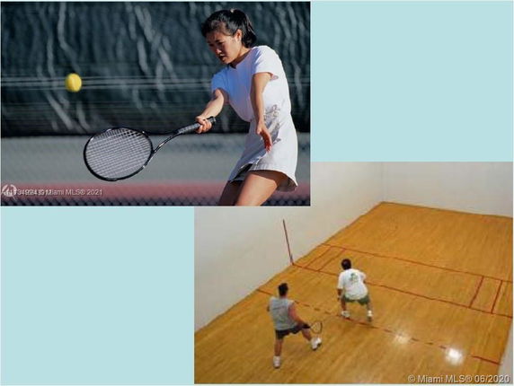 Indoor racquetball court with two players in action.