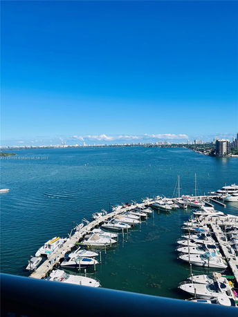 View from a high vantage point overlooking a marina with numerous boats docked, and a cityscape visible across the water.
