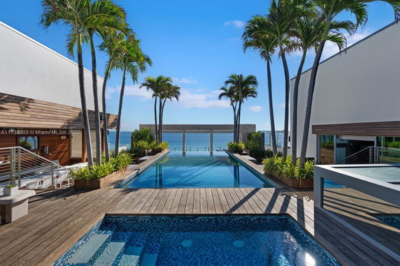 Outdoor swimming pool with palm trees and ocean view.