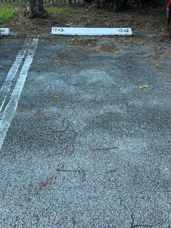 Outdoor parking space with concrete parking stop labeled with numbers.