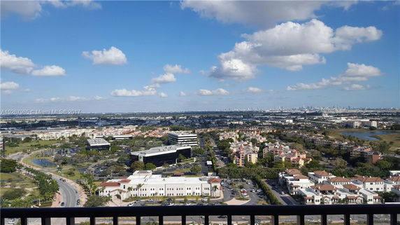 Panoramic view of a cityscape with a mix of residential and commercial buildings under a blue sky.