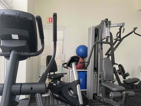 Indoor gym area with exercise equipment and yoga balls.