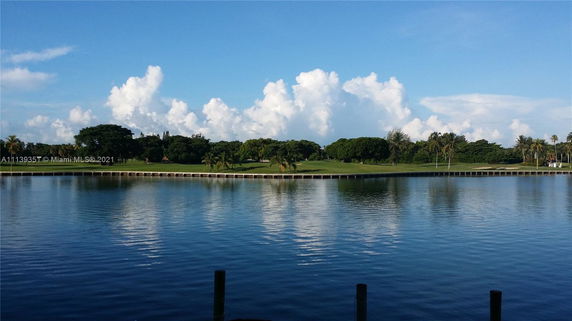 View of a calm water body with a grassy landscape and trees in the background.