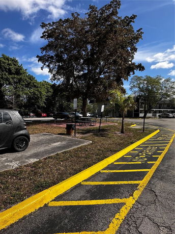Outdoor parking area with marked yellow lines and parked cars under trees.