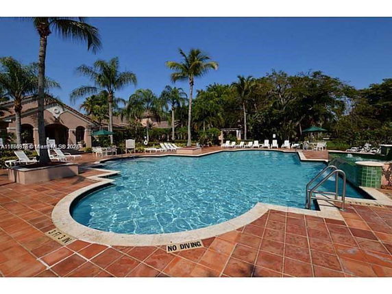 Outdoor swimming pool with surrounding tropical plants and sun loungers.