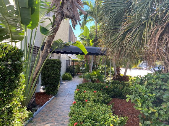 View of building walkway with tropical plants and a canopy.