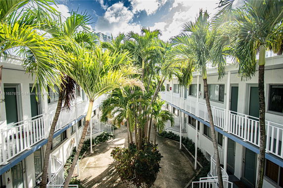View of a building courtyard with palm trees and balconies.