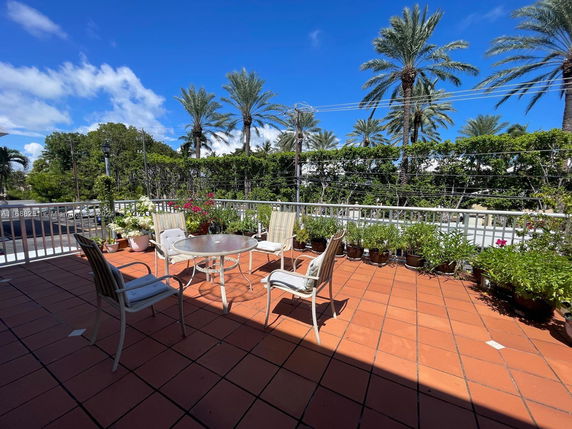 Rooftop terrace with a table, chairs, and potted plants
