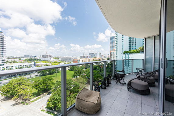 Outdoor balcony view overlooking cityscape with buildings and trees.