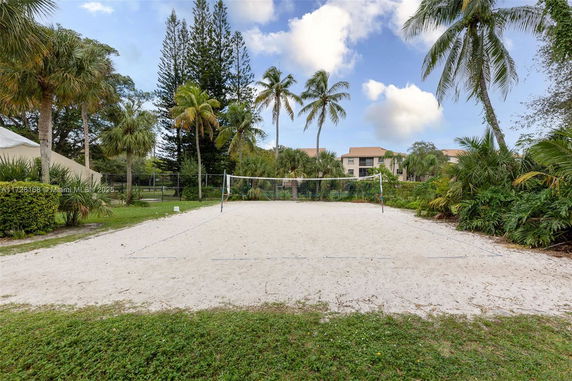 Outdoor volleyball court with a net surrounded by palm trees and greenery.