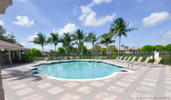 Outdoor swimming pool with surrounding lounge chairs and palm trees.