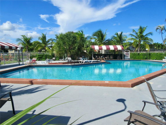 Outdoor swimming pool with lounge chairs and palm trees.