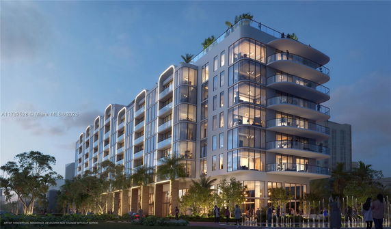 Front view of a modern multi-story residential building with large windows and balconies.