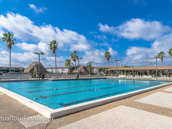 Outdoor swimming pool area with palm trees and sun loungers.