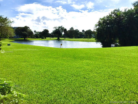 View of a grassy area with a pond and trees.