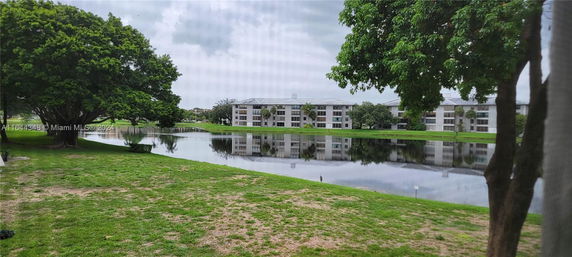 View of a pond with a tree and residential buildings in the background.