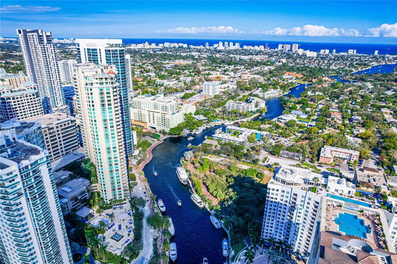 Aerial panoramic view of a cityscape with high-rise buildings and a winding river.