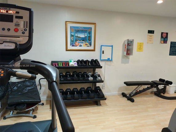 Indoor gym area with exercise equipment and dumbbells.