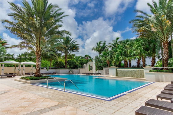 Outdoor swimming pool area with palm trees and lounge chairs.