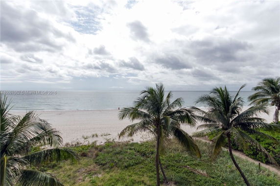 View of a sandy beach with ocean and palm trees.