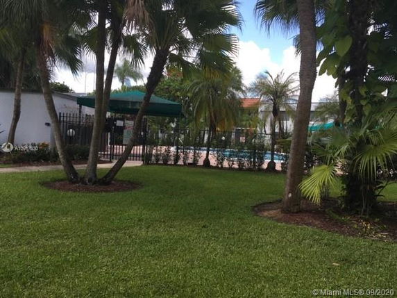 Swimming pool area surrounded by palm trees and a fence.