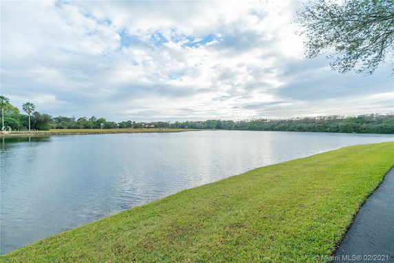 View of a large body of water with grassy banks, surrounded by trees.