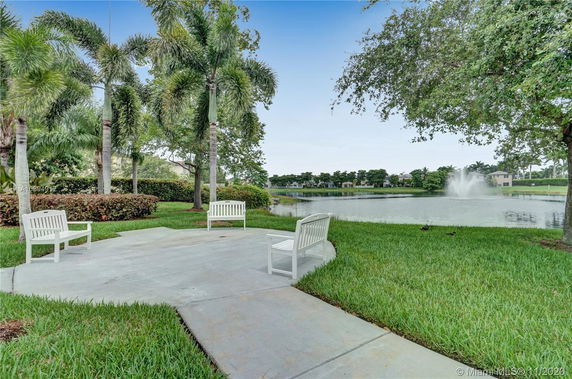 Park area with benches, palm trees, and a view of a fountain in a pond.