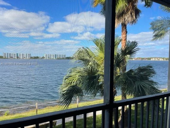 Panoramic view of a lake with palm trees and distant buildings.