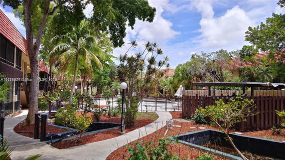 View of a swimming pool area surrounded by tropical landscaping adjacent to buildings.