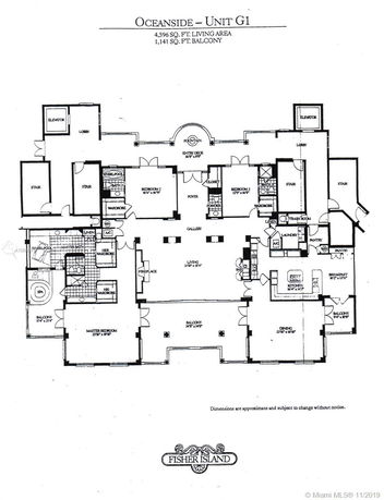 Floor plan of Oceanside Unit G1 featuring 4,596 sq. ft. living area and 1,141 sq. ft. balcony.