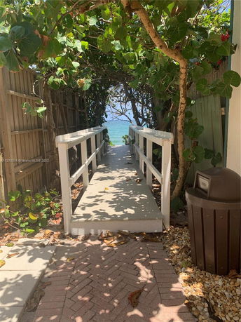 Pathway covered with lush greenery leading to a view of the ocean in the background.